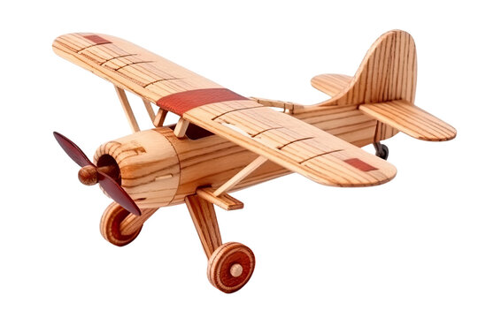 A detailed toy model airplane, made of wood cut out transparent isolated on white background ,PNG file , ,artwork graphic design illustration.