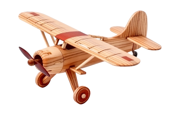 A detailed toy model airplane, made of wood cut out transparent isolated on white background ,PNG file , ,artwork graphic design illustration.