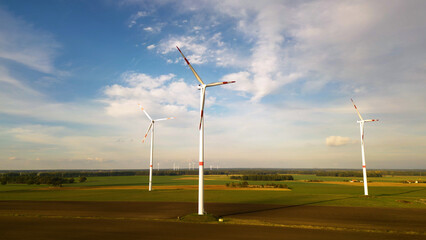 Aerial view of the wind farm in Wormlage, Niederschlesien, Lausitzgebiet, Germany. Spring. Windpark.