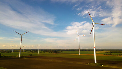 Aerial view of the wind farm in Wormlage, Niederschlesien, Lausitzgebiet, Germany. Spring. Windpark.