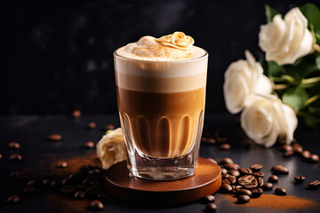 Glass of Dalgona Coffee with cinnamon on dark background with white roses, homemade coffee drink. Coffee latte made of instant coffee foam whipped with sugar or other sweetener and mixed with milk