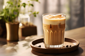 Glass of iced Dalgona Coffee or coffee with milk in kitchen interior, morning atmosphere. Trendy milky coffee latte made of instant coffee. Fluffy creamy whipped instant coffee foam poured in milk