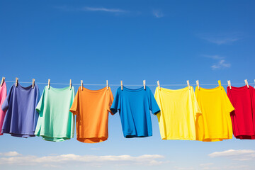 Many colourful rainbow t-shirts hung on the clothesline with clothespins for dying by sunlights.  Generative AI.