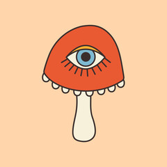 Groovy trippy mushroom with painted eye in retro style 70s. Psychedelic vintage hippie style pattern for T-shirts, fashion clothing, sweatshirts, wallpaper, textiles, fabrics. Vector illustration