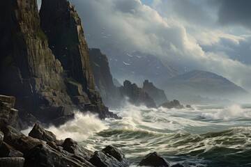 Dramatic sea cliffs facing the roaring ocean. - obrazy, fototapety, plakaty