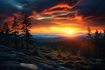 Dramatic sunset over forest landscape