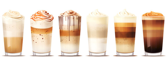 Set of different types of layered coffee drinks or coffee with milk cocktails in tall glasses, white background. Variety of coffee drinks: caramel latte, frappe, mocha, macchiato, latte, cappuccino - obrazy, fototapety, plakaty