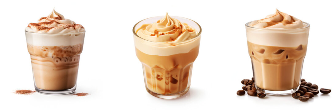Set of dalgona coffee glasses isolated on white background. Instant coffee with milk, whipped coffee foam and cinnamon in glasses on white background. Milky coffee drink. Sort of latte coffee