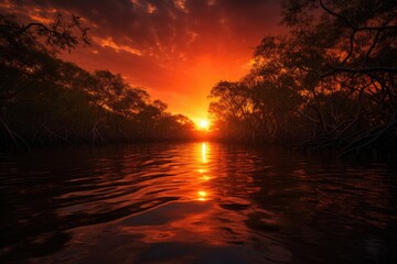 Fototapeta na wymiar Fiery sunset over tranquil mangrove forests.