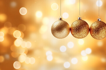 Festive Christmas and New year background with golden christmas tree balls. Copy space.