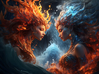 an epic battle between fairies, fire and water elements