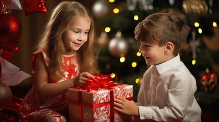 Obraz na płótnie Canvas Joyful Kids: Children exchange Christmas gifts by the decorated tree