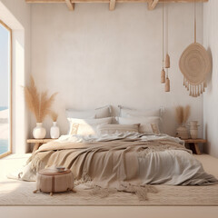 Greece Bedroom interior, Bedroom interior mockup, Greece style Bedroom mockup, empty wall mockup