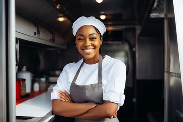 African American female chef preparing takeaway food in food truck kitchen - obrazy, fototapety, plakaty