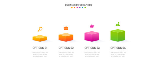 Timeline infographic with infochart. Modern presentation template with 4 spets for business process. Website template on white background for concept modern design. Horizontal layout.