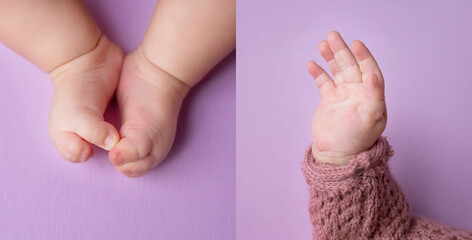 hand and feet of a newborn baby. baby fingers on purple background
