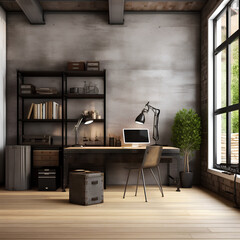 Industrial Home Office interior, Home Office interior mockup, Industrial style Home Office mockup, empty wall mockup