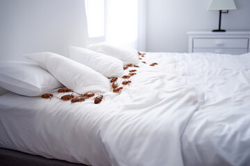 Bedbug colony on white sheet on bed in the bedroom close-up