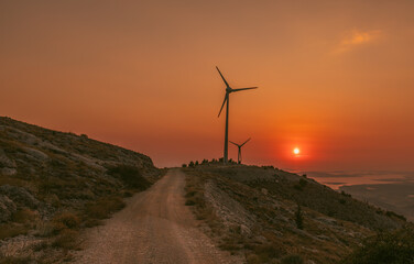 wind turbines i9n Grebastica at sunset