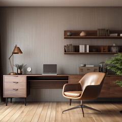 Mid Century Home Office interior, Home Office interior mockup, Mid Century style Home Office mockup, empty wall mockup