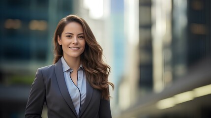 A woman in suit standing outside in a financial city with skyscrapers behind, with a content expression and subtle smile, satisfied for her investments. generative AI