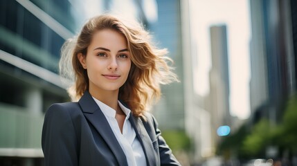 A woman in suit standing outside in a financial city with skyscrapers behind, with a content expression and subtle smile, satisfied for her investments. generative AI