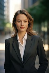 Fototapeta premium A woman in suit standing outside in a financial city with skyscrapers behind, with a content expression and subtle smile, satisfied for her investments. generative AI