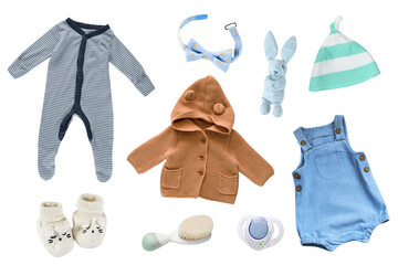 Baby boy clothes set isolated, male child clothing on white. Infant wear, colorful outfit.