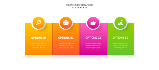 Timeline infographic with infochart. Modern presentation template with 4 spets for business process. Website template on white background for concept modern design. Horizontal layout.