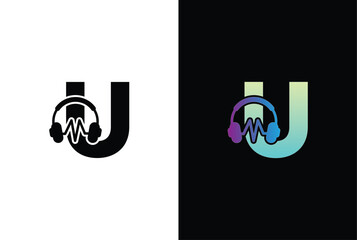 Initial Letter U Music Logo. Letter U Music Logo Headphone Symbol Logo Icon Vector Template.