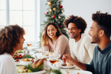 Multiracial friends having christmas dinner and eating together in a cozy minimal room