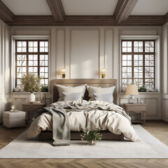 Tudor Bedroom interior, Bedroom interior mockup, Tudor style Bedroom mockup, empty wall mockup