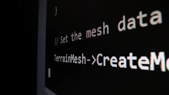 Closeup macro shot movement of coding script moving across LED screen with real-time AI-generated typing, showcasing advanced AI learning in optimization, debug and coding for software development.