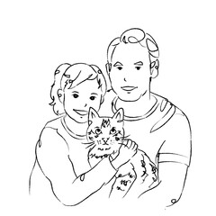 father and daughter with tabby cat family portrait, line drawing / doodle	
