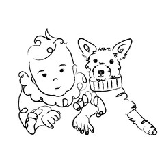baby and small dog portrait, line drawing / doodle	
