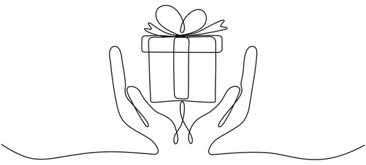 Surprise gift in hand continuous line drawn. Birthday linear symbol. Vector illustration isolated on white.