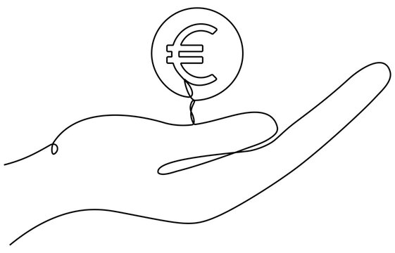 recommend clip art: Hand holding euro coin continuous line drawn. Pay symbol. Charity donation concept. Vector illustration isolated on white.