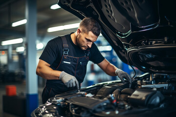 Attractive confident male auto mechanic working in Car Service