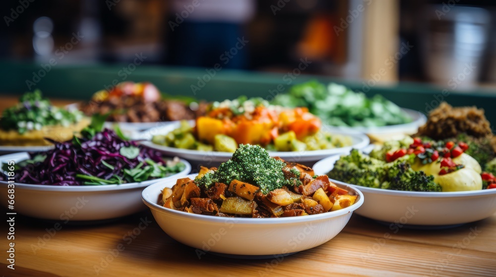 Wall mural vegan dishes on a table in a canteen