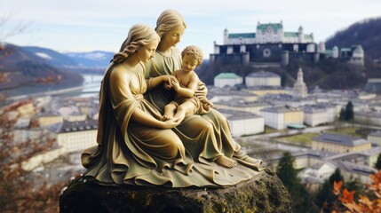 Fototapeta premium maria and josef with her baby jesus in salzburg, christus time, salzburg panorama in background
