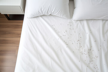 Bedbug colony on white sheet on bed in the bedroom, top view