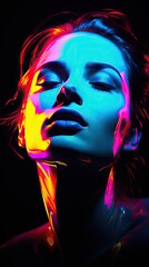 Fototapeta na wymiar a woman with her eyes closed and her eyes closed with neon lights on her face. generative ai