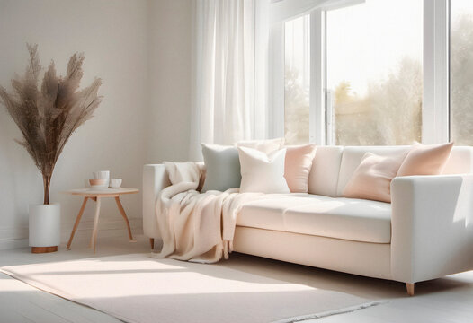 Modern interior of cosy living room with sofa in white and creamy colors. AI generated.