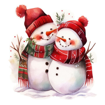 Watercolor image of laughing couple of snowmen