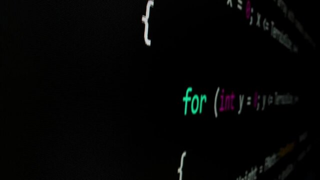 Closeup macro shot movement of coding script moving across LED screen with real-time AI-generated typing, showcasing advanced AI learning in optimization, debug and coding for software development.