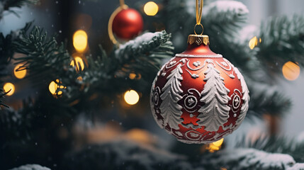 Bright New Year decorations on the Christmas tree, festive background, beautiful card.