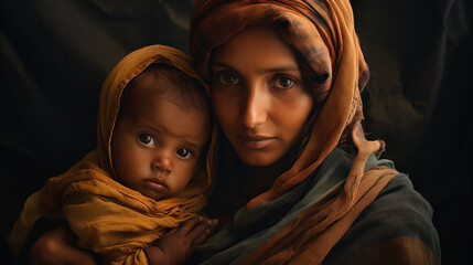 Poverty and poorness on people face. Sad little girl and her mother. Refugee. - obrazy, fototapety, plakaty