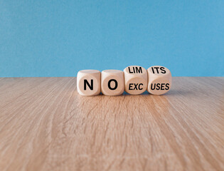 No excuses and limits symbol. Concept words No excuses No limits on wooden cubes. Beautiful wooden table blue background. Business motivational no excuses limits concept. Copy space.