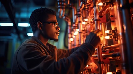 Fototapeta na wymiar Expert African American engineer in a coolant factory, choosing copper tubing with care, symbolizing skilled hands-on work