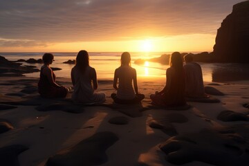 Group meditation session in a tranquil beach setting - obrazy, fototapety, plakaty